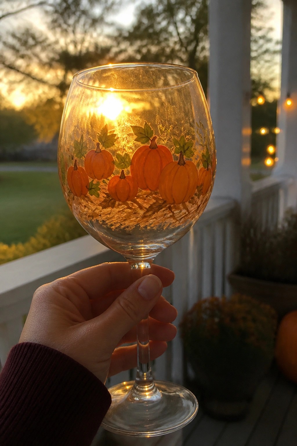 Hand holding pumpkin-decorated wine glass glowing in golden sunset light on porch.