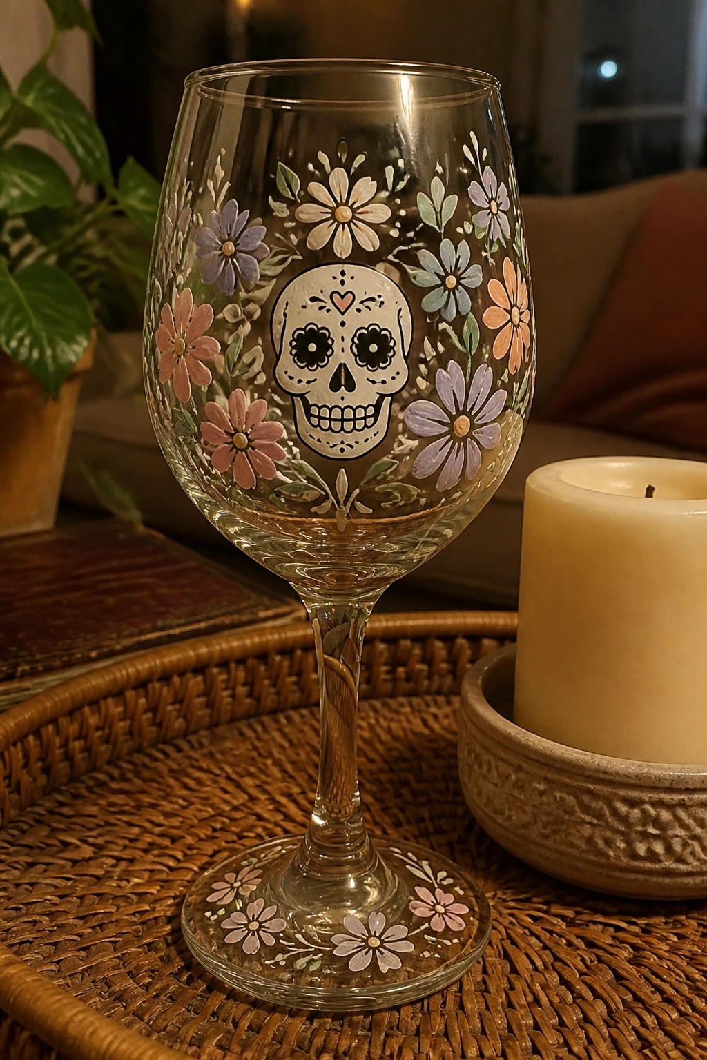 Painted wine glass with central skull and colorful flowers on woven tray beside candle