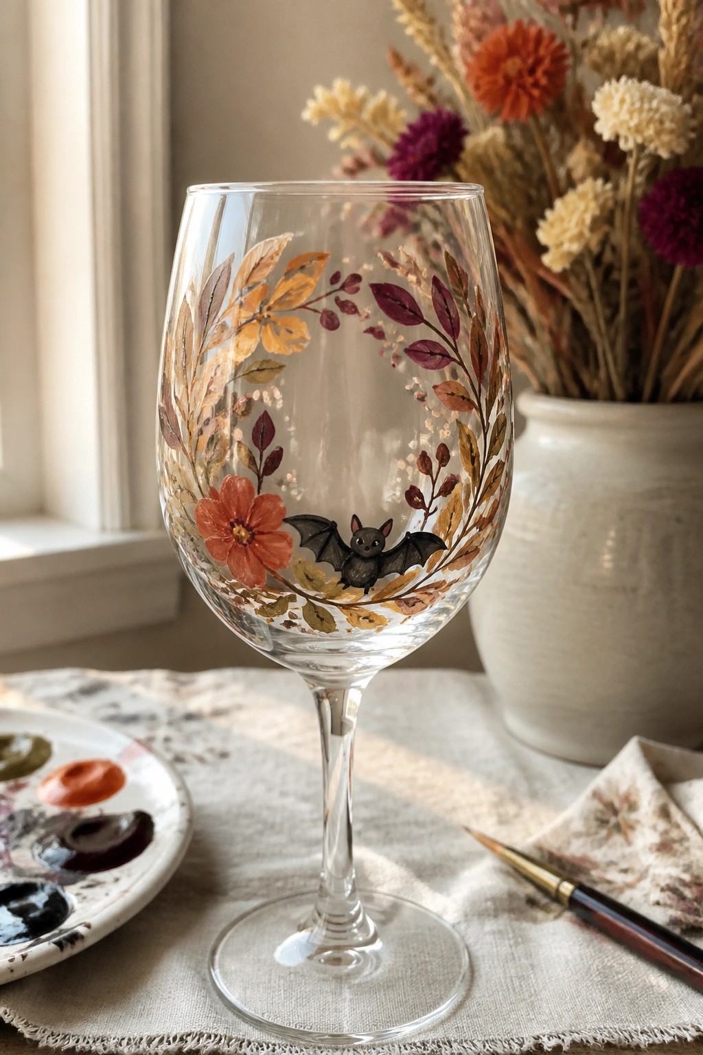 Hand-painted wine glass with autumn leaf wreath, red flower, and black bat.