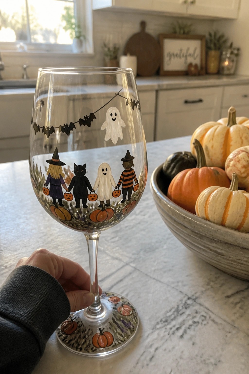 Hand holding Halloween-painted wine glass with ghosts, witches, cats, and pumpkins in kitchen.