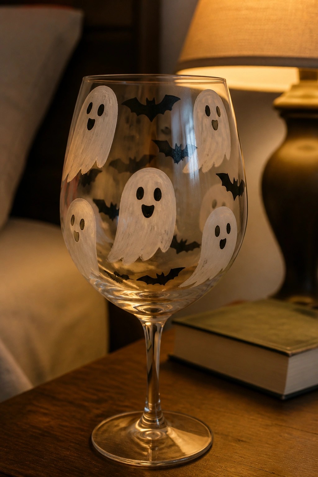 Decorated wine glass with white ghosts and black bats on wooden table near lamp