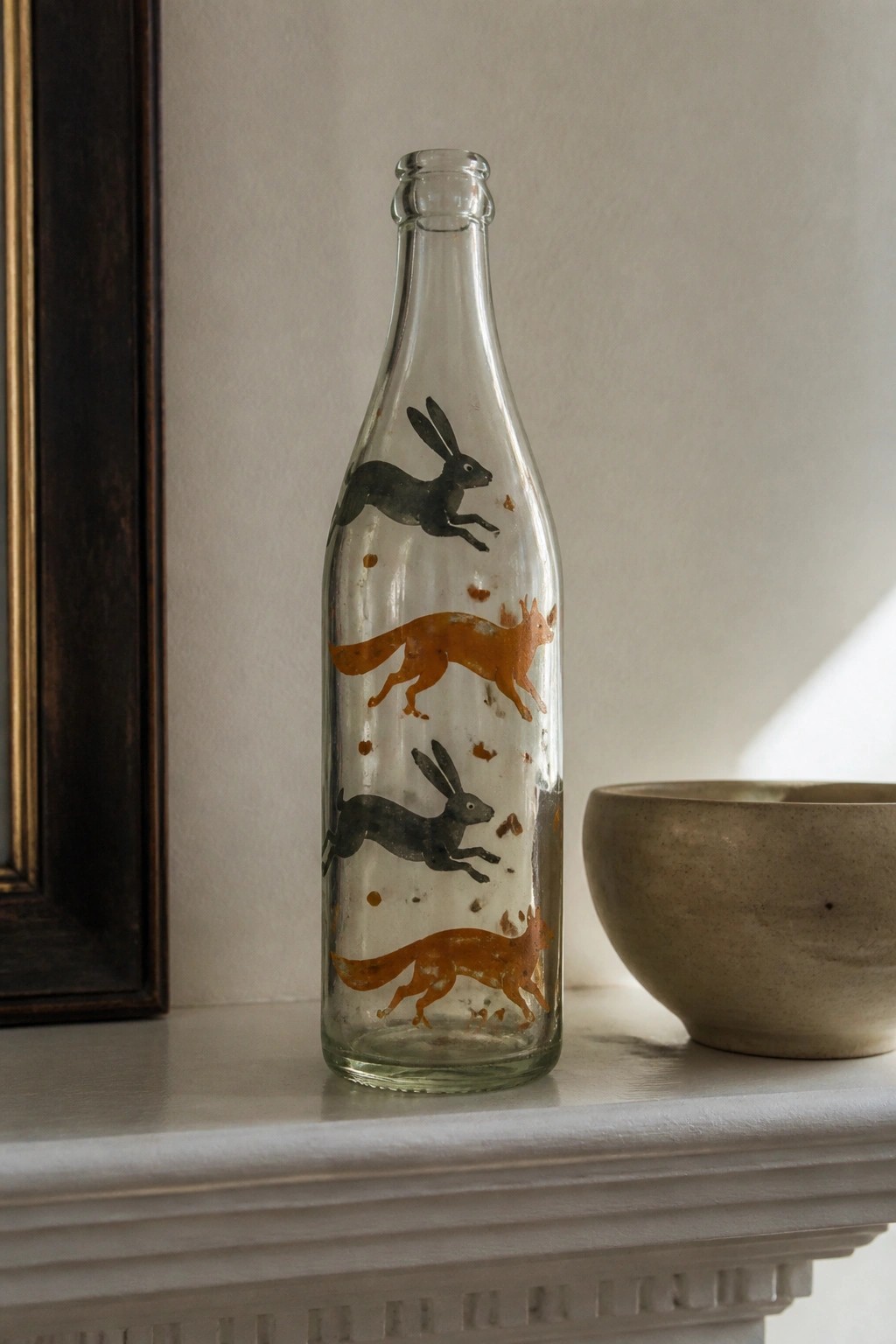 Glass bottle painted with black hares and orange foxes beside ceramic bowl