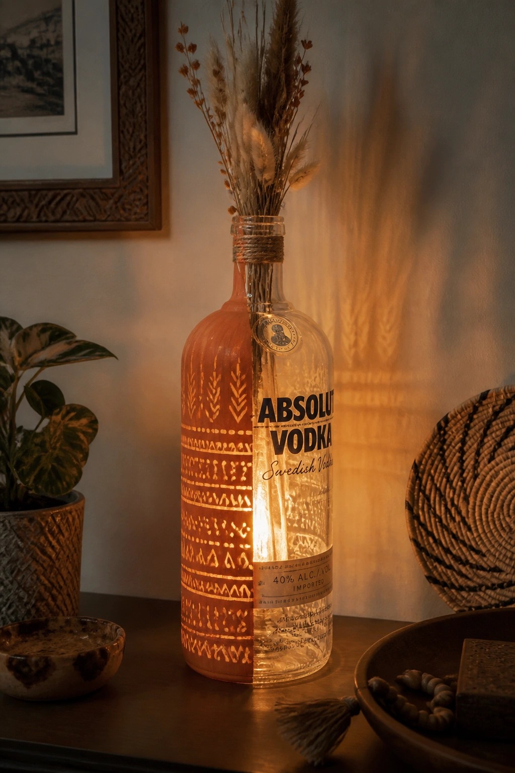 Glowing Absolut Vodka bottle with orange patterns and dried pampas grass.