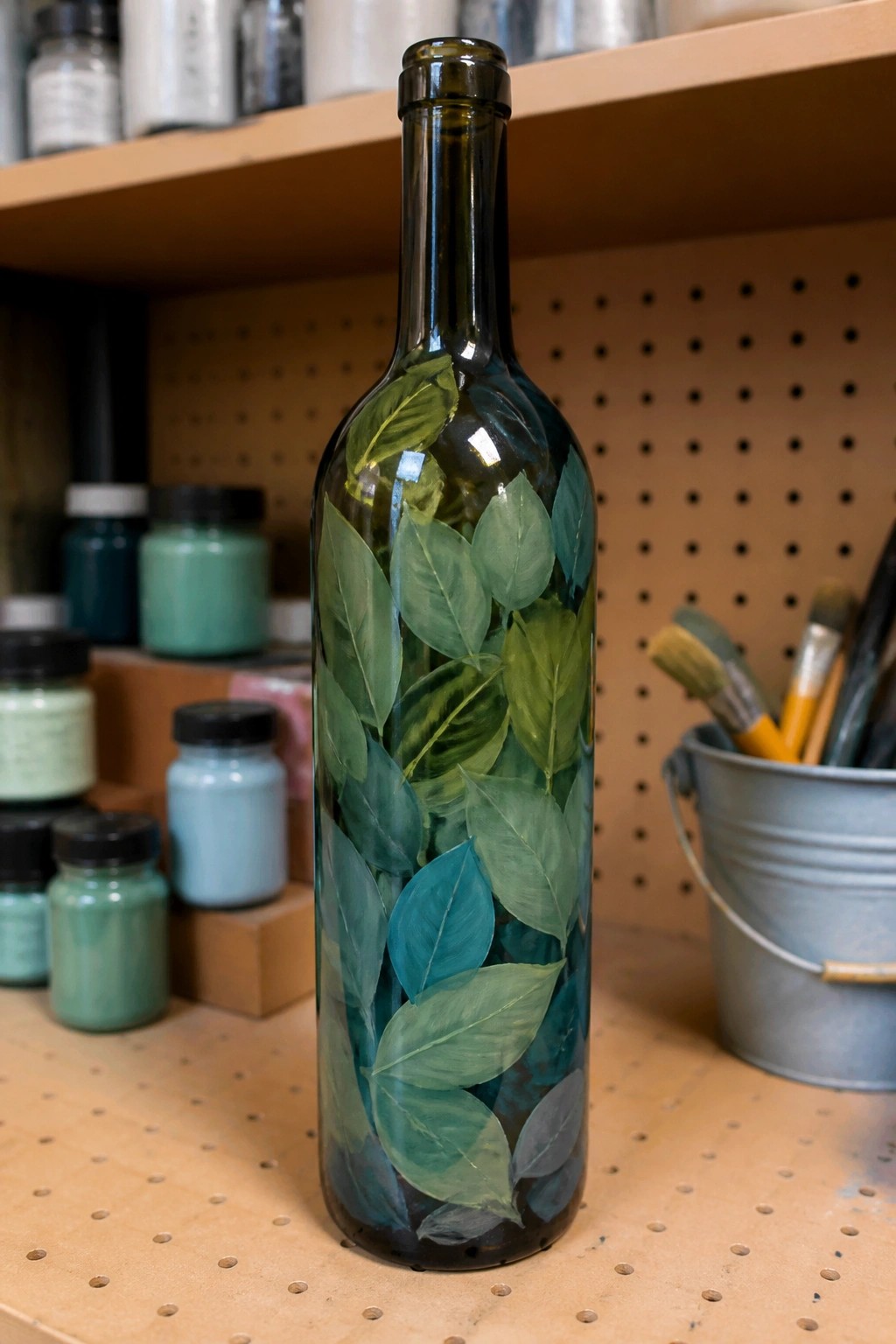 Tall green bottle hand-painted with layered teal and green leaves in art studio
