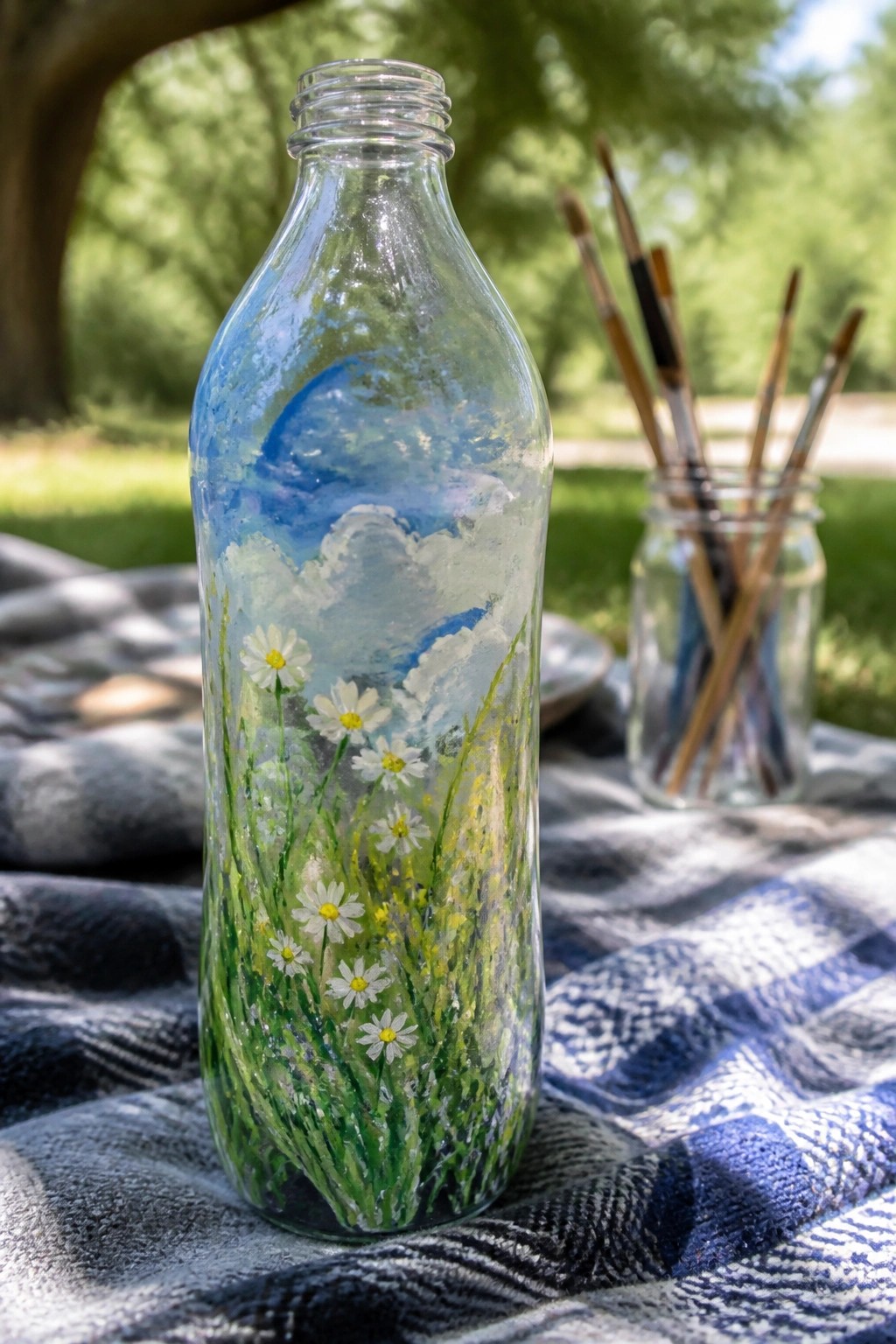 Painted glass bottle with sky, clouds and daisies on blue checkered blanket beside paintbrushes