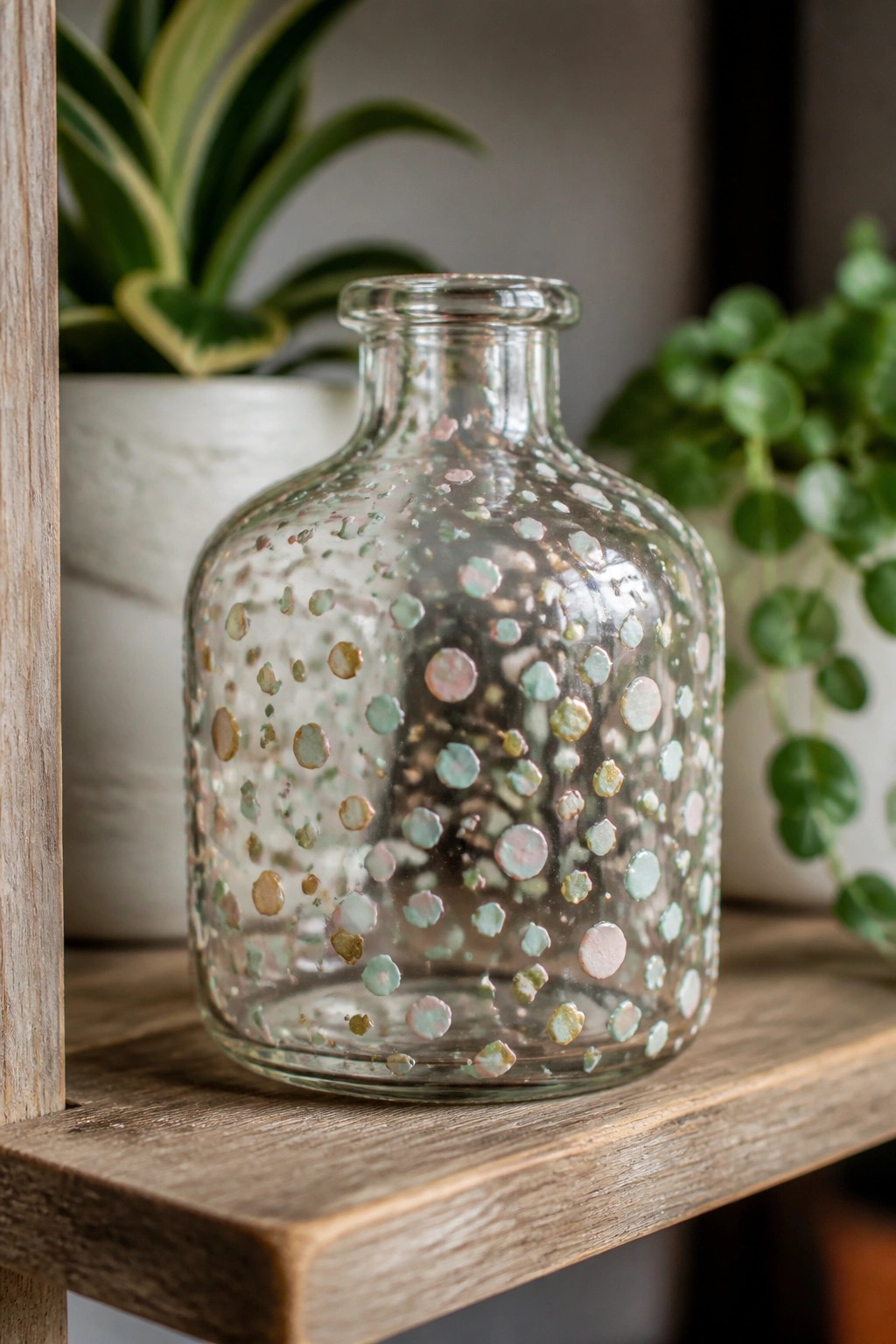 Glass bottle with colorful dots on wooden shelf near plants
