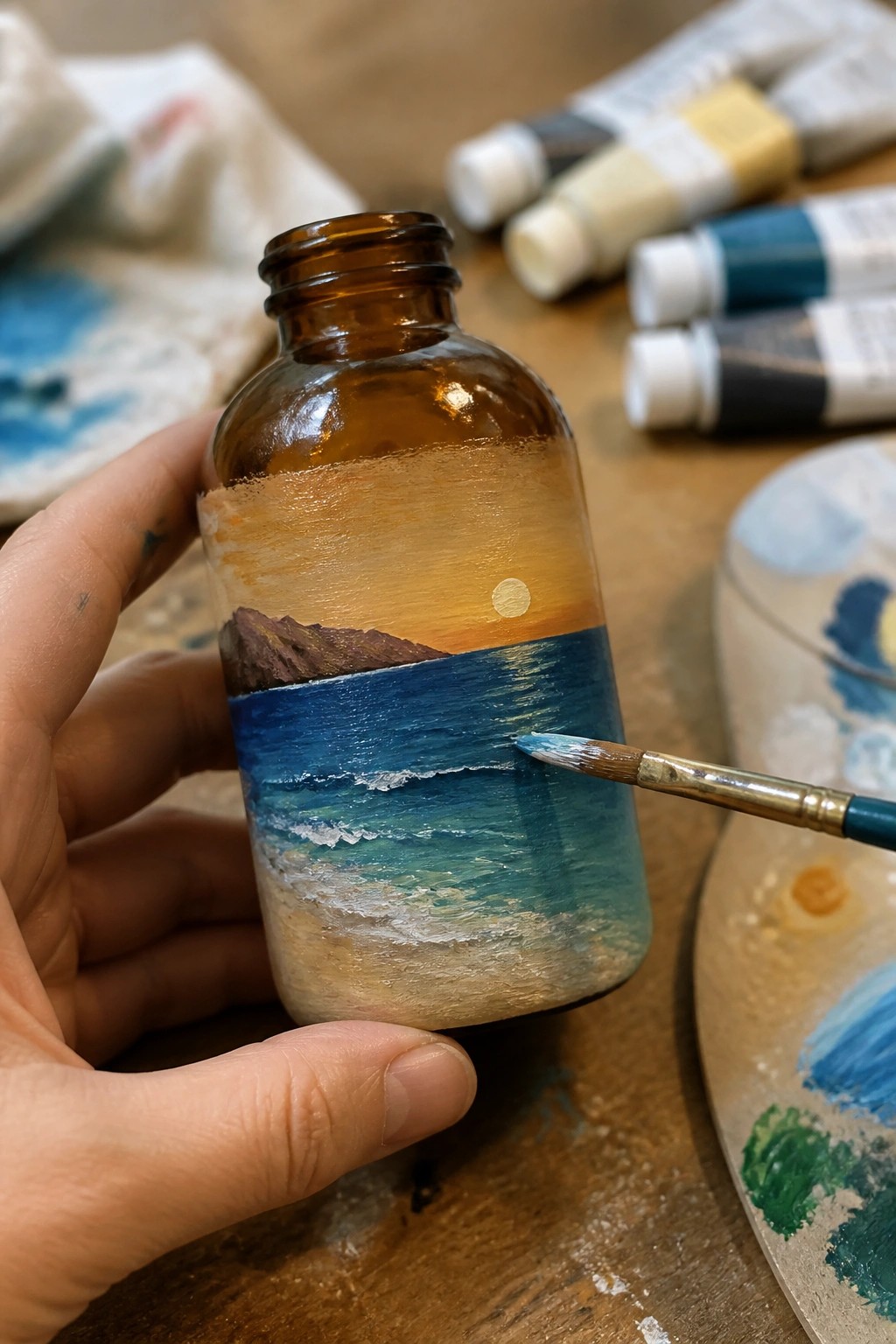 Hand painting blue waves on bottle with sunset ocean and mountains scene.
