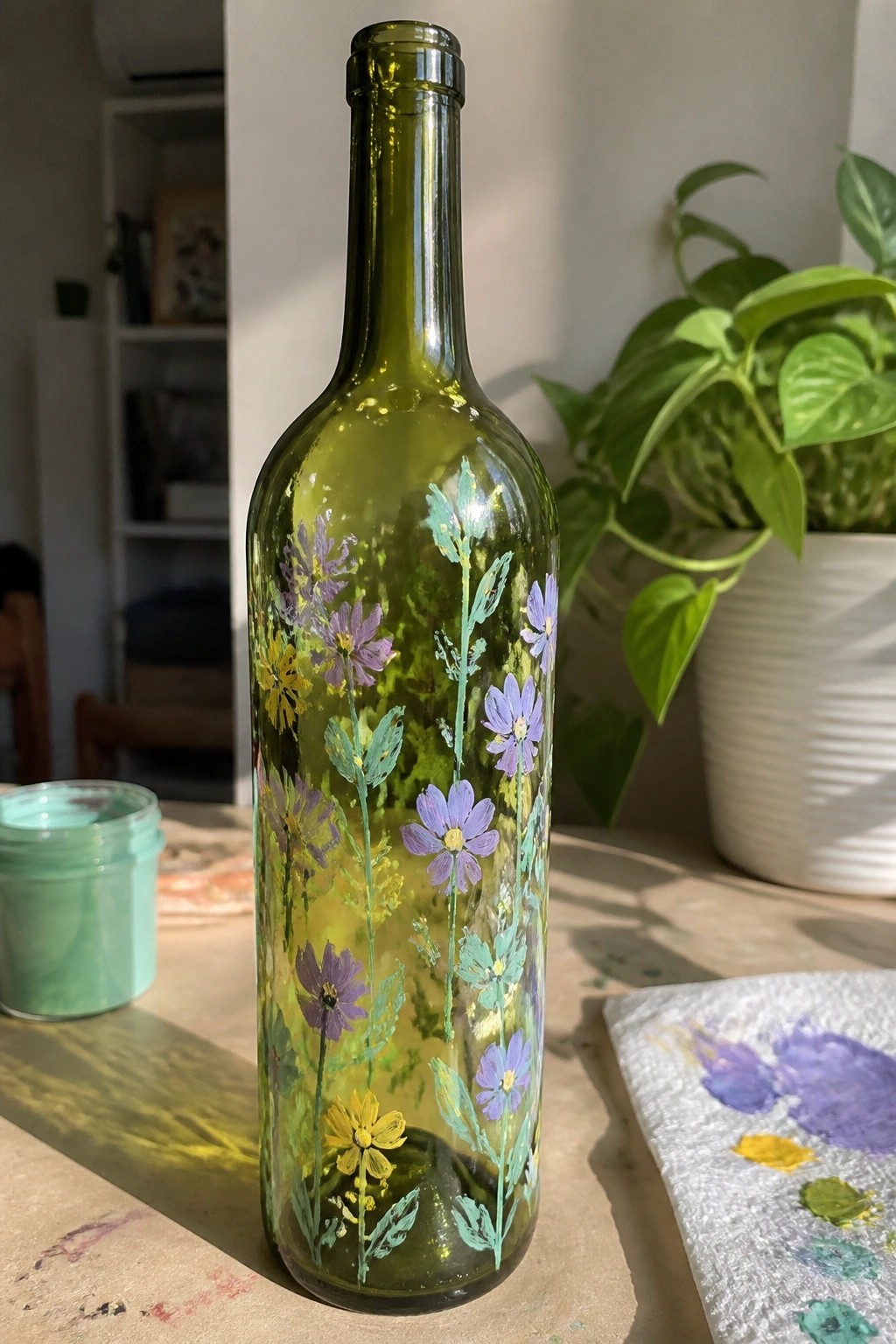 Green glass bottle hand-painted with purple, yellow, and teal wildflowers on table