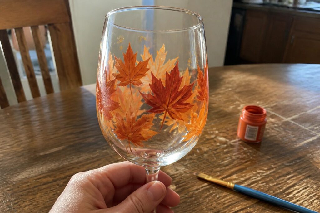 21 Beginner-Friendly Autumn Glassware Painting Ideas Without Complicated Techniques Hand holding wine glass painted with red and orange autumn leaves beside paint jar
