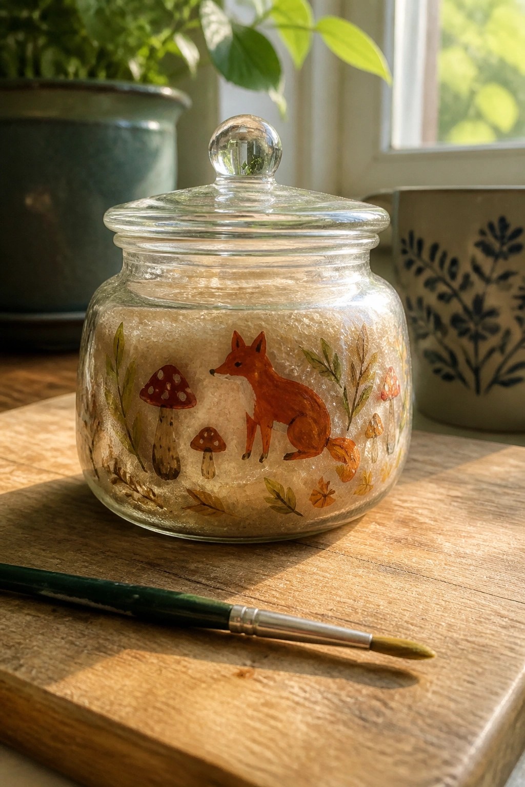 Painted glass jar with orange fox, mushrooms, and leaves beside paintbrush on wood.