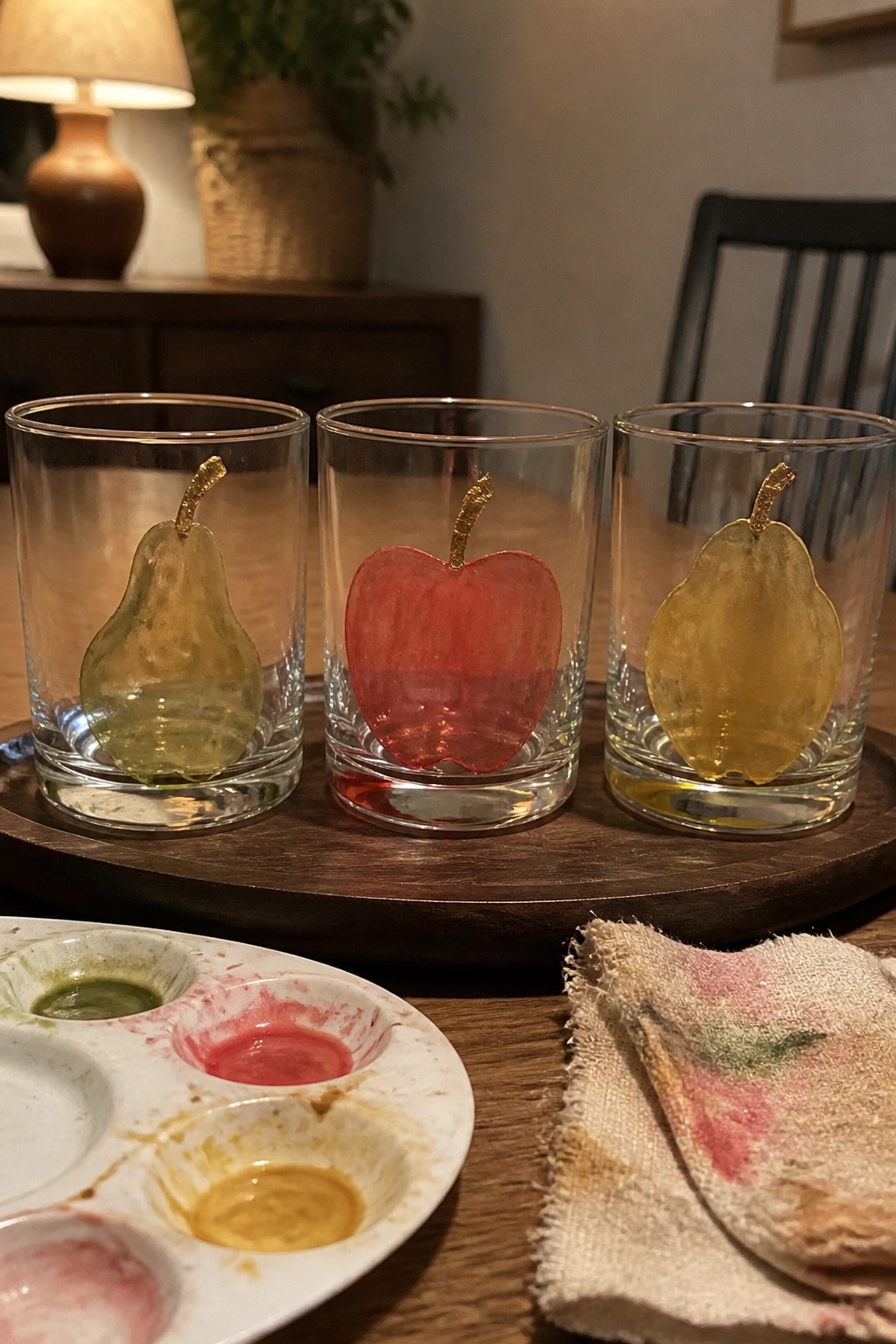 Three glasses with painted red apple and green-yellow pears beside watercolor palette and cloth