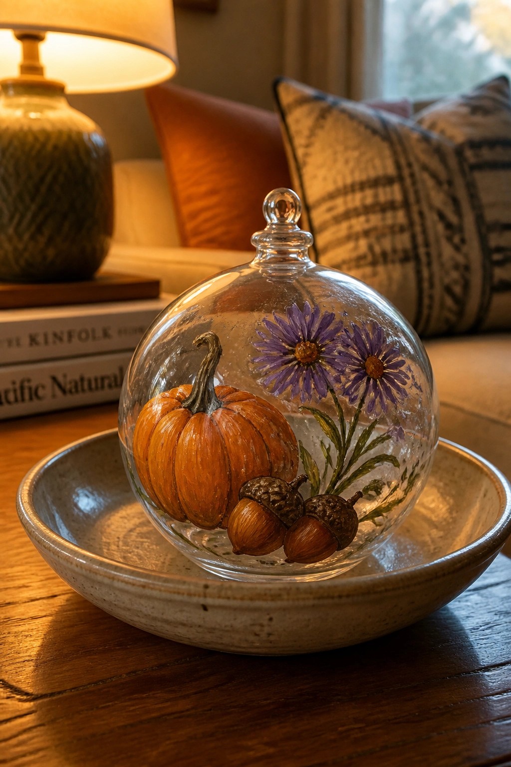 Glass cloche painted with pumpkin, acorns, and purple flowers in ceramic bowl