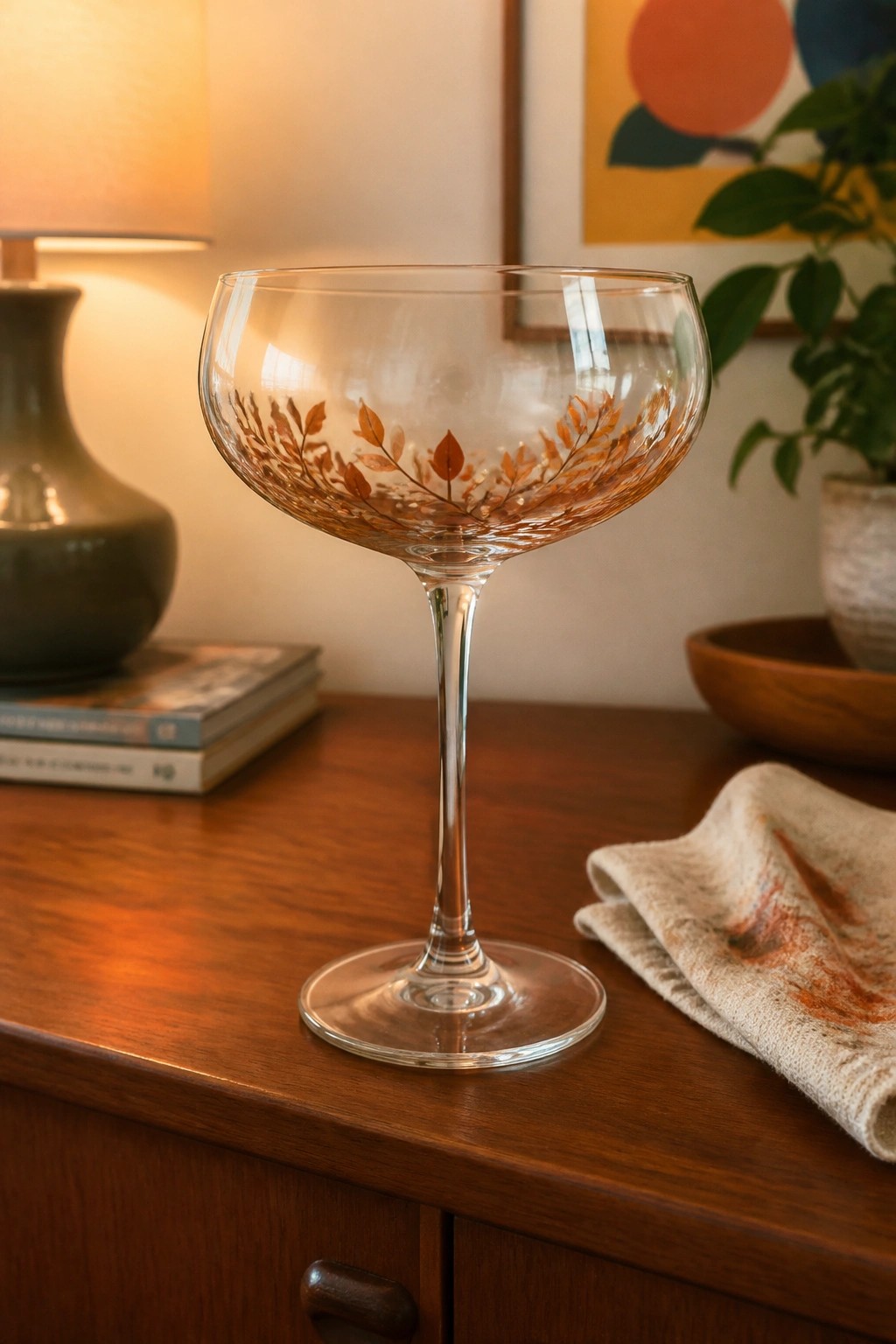 Stemmed coupe glass with brown leaf etching on wooden table