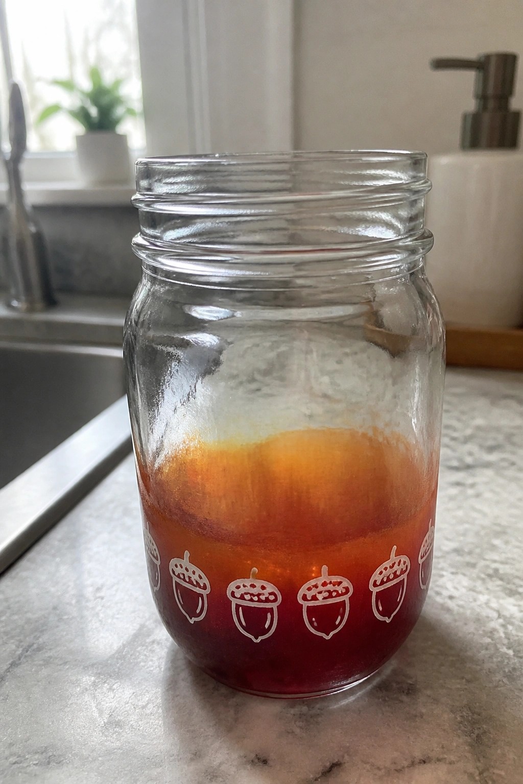 Mason jar with acorn patterns holding layered red and orange liquid on counter