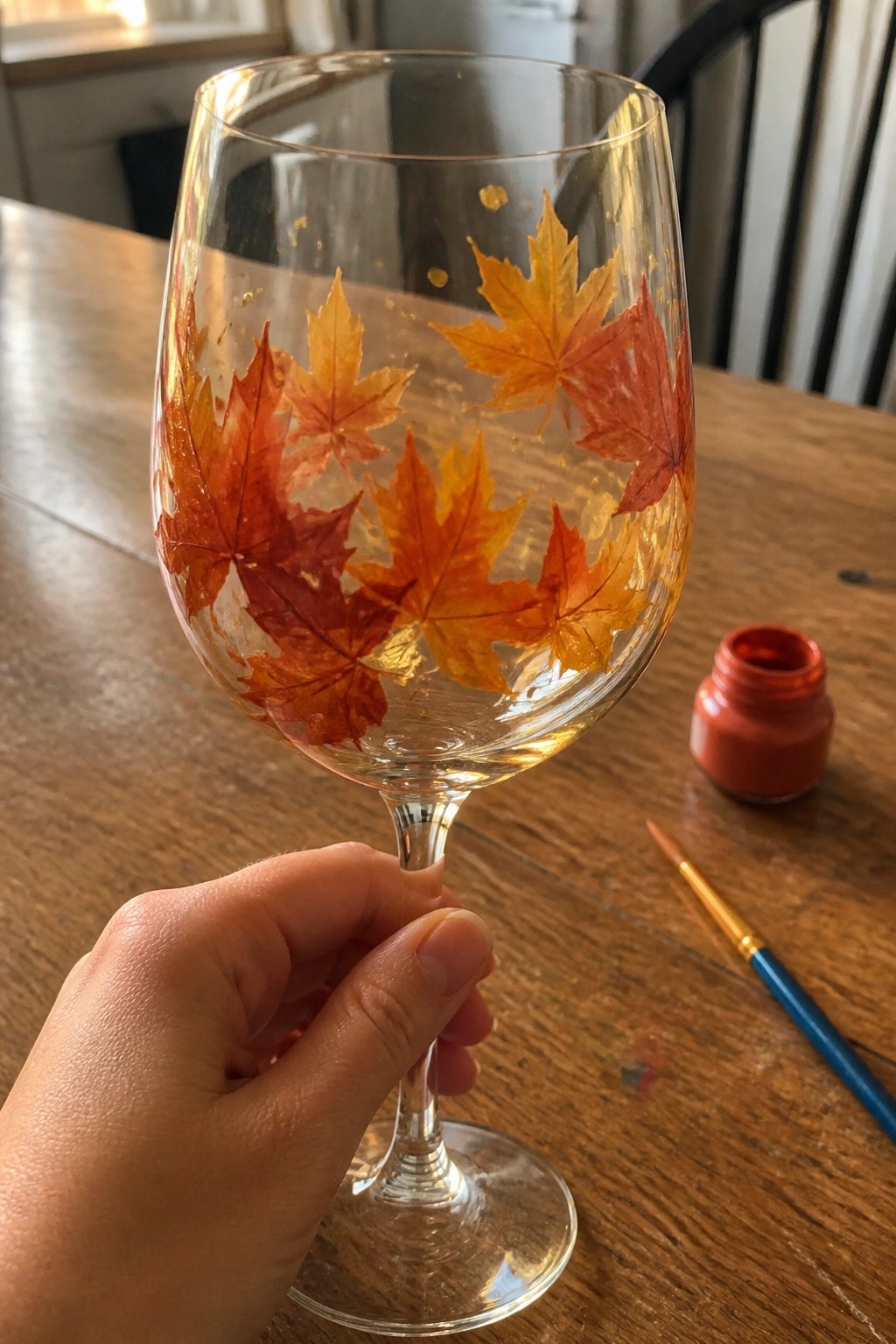 Hand holding wine glass painted with red and orange autumn leaves beside paint jar