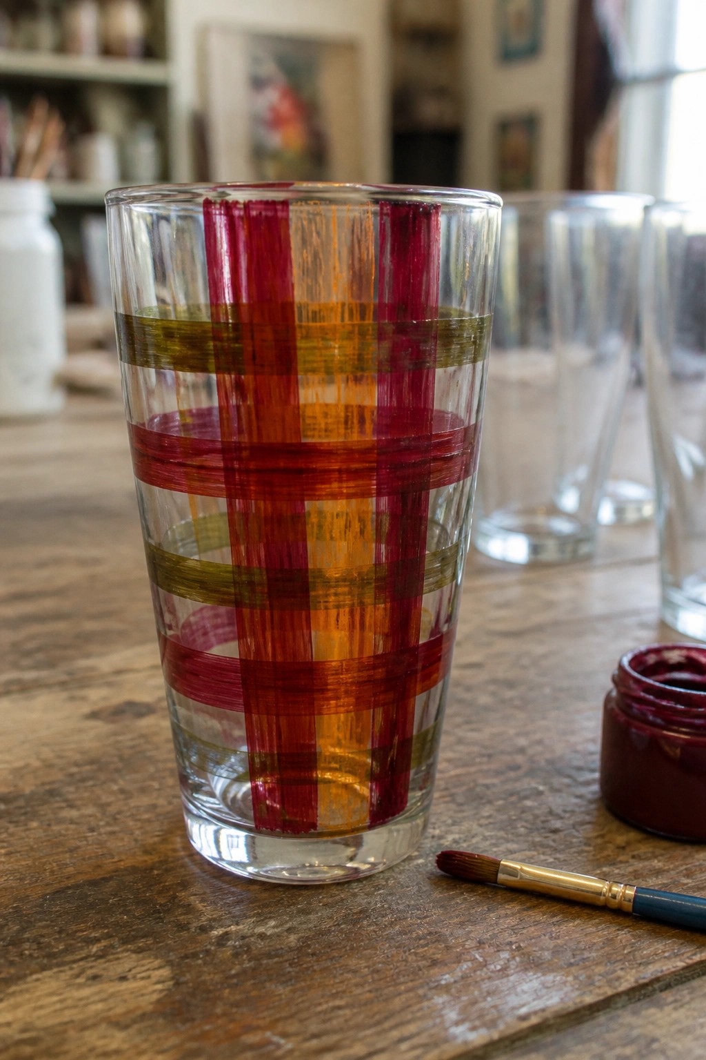 Hand-painted glass tumbler with red orange green plaid stripes beside paint supplies