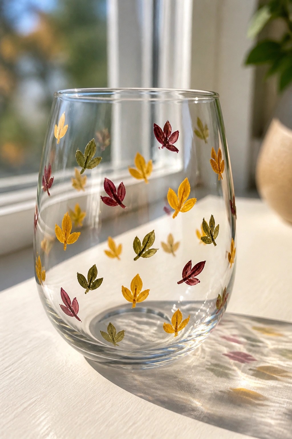 A clear stemless glass with scattered painted autumn leaves in yellow, red, and green rests on a white surface by a window.