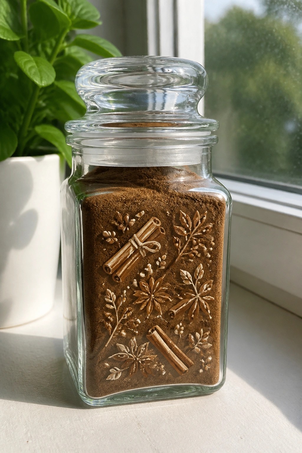Glass jar of brown spice powder with embossed cinnamon and star anise designs.