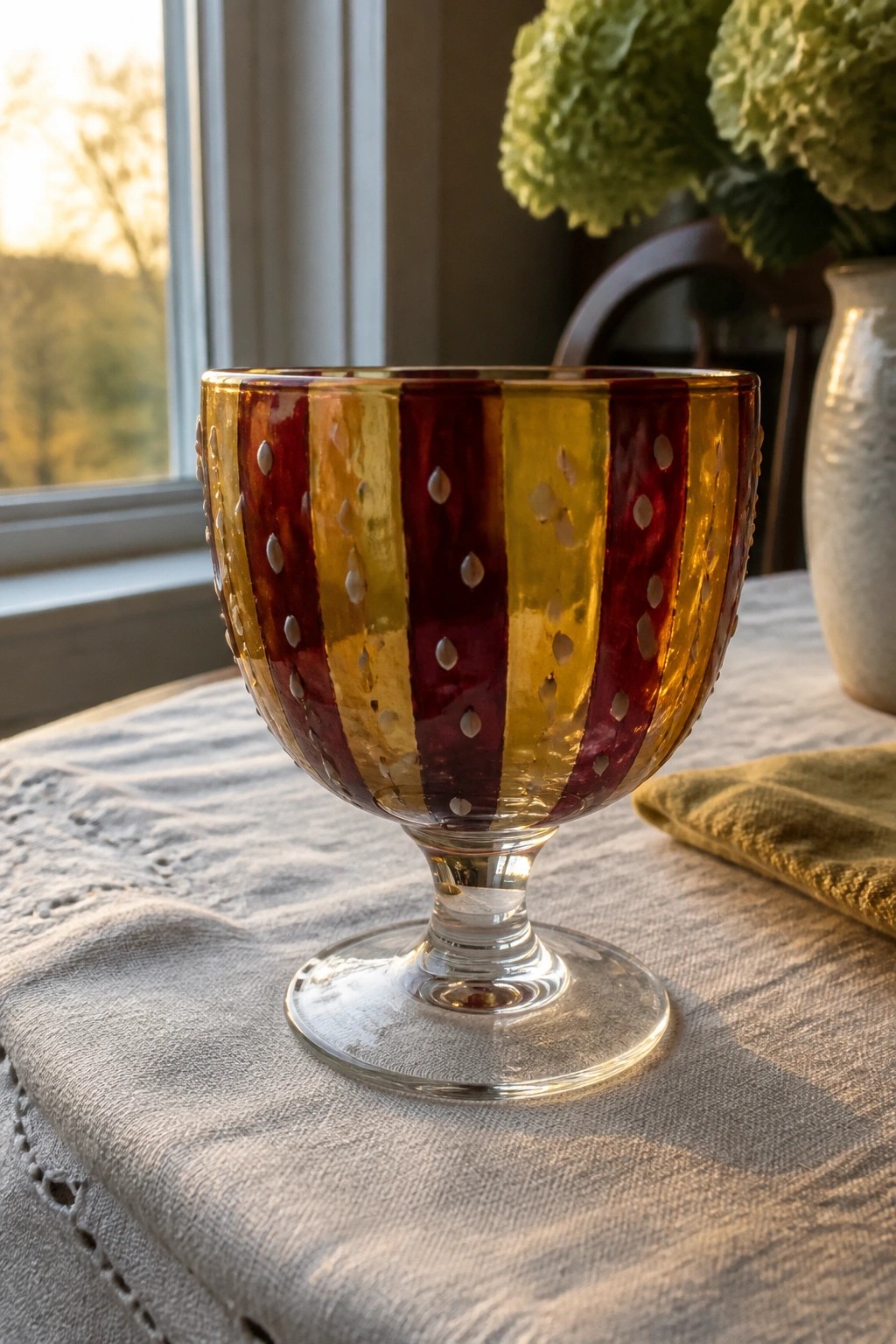 Striped red and yellow glass goblet on linen tablecloth near window and flowers