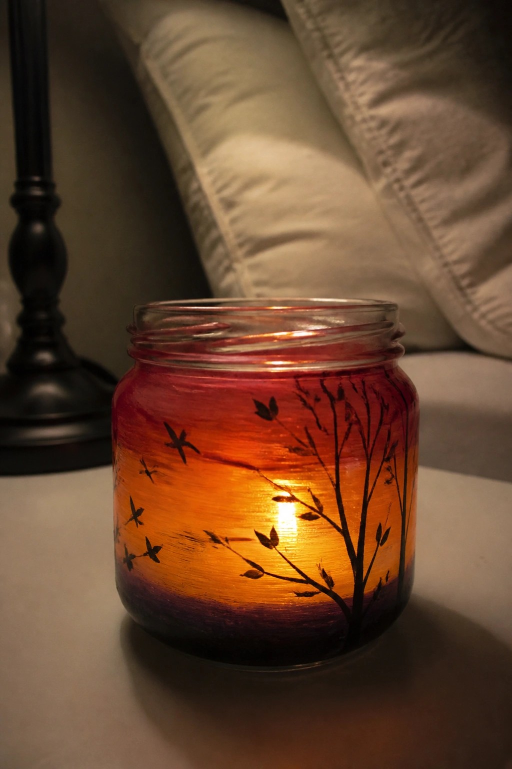 Glowing painted jar with sunset hues, black tree, and flying bird silhouettes