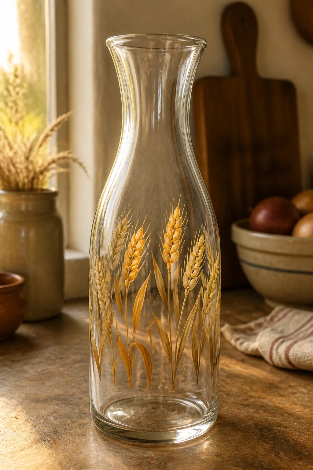 Clear glass carafe with golden wheat stalks on rustic kitchen counter