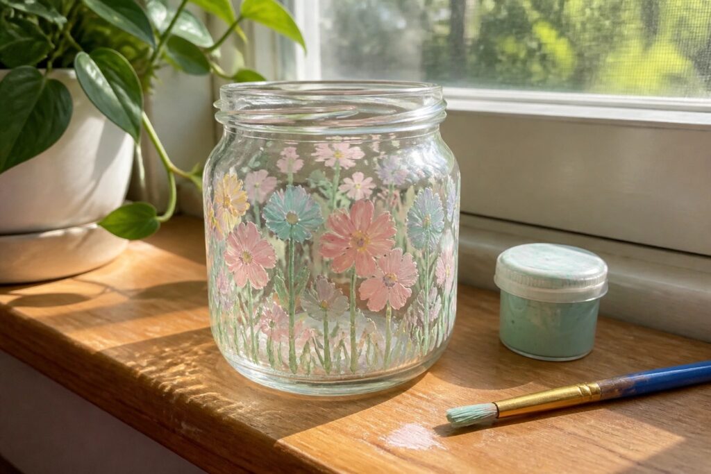 14 Beginner-Friendly Glass Bottle Painting Ideas Using Basic Craft Supplies Glass jar hand-painted with pink, purple, and teal flowers beside paint supplies