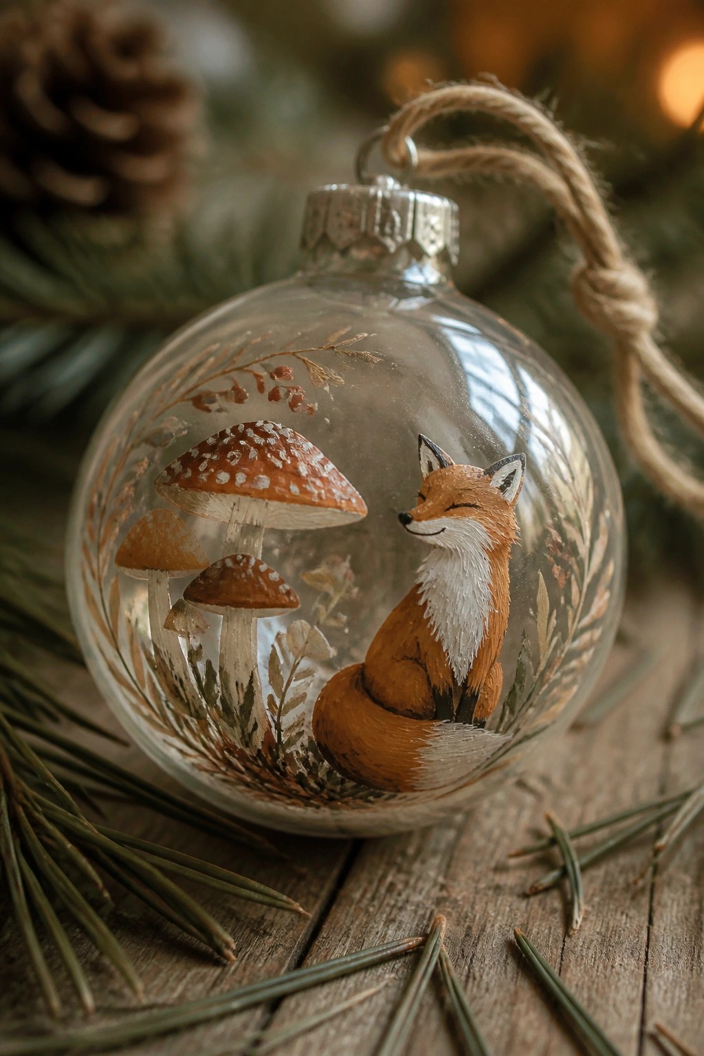 Glass bauble ornament hand-painted with fox, mushrooms and foliage on wood