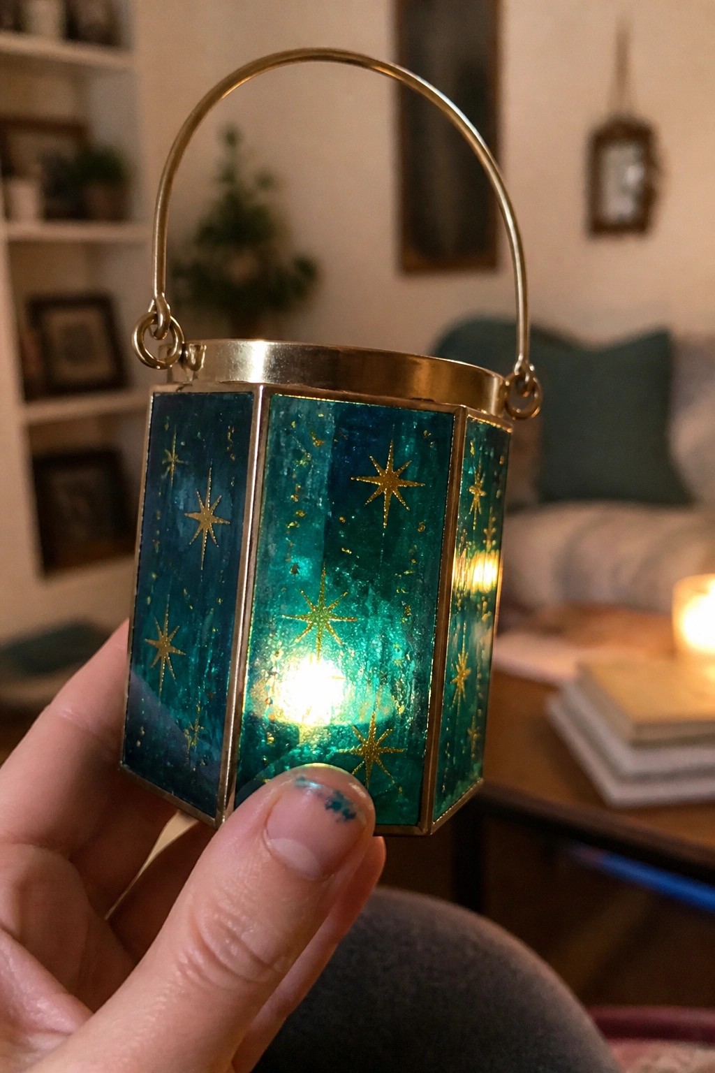 Hand holding glowing teal lantern with gold stars, metal frame and handle