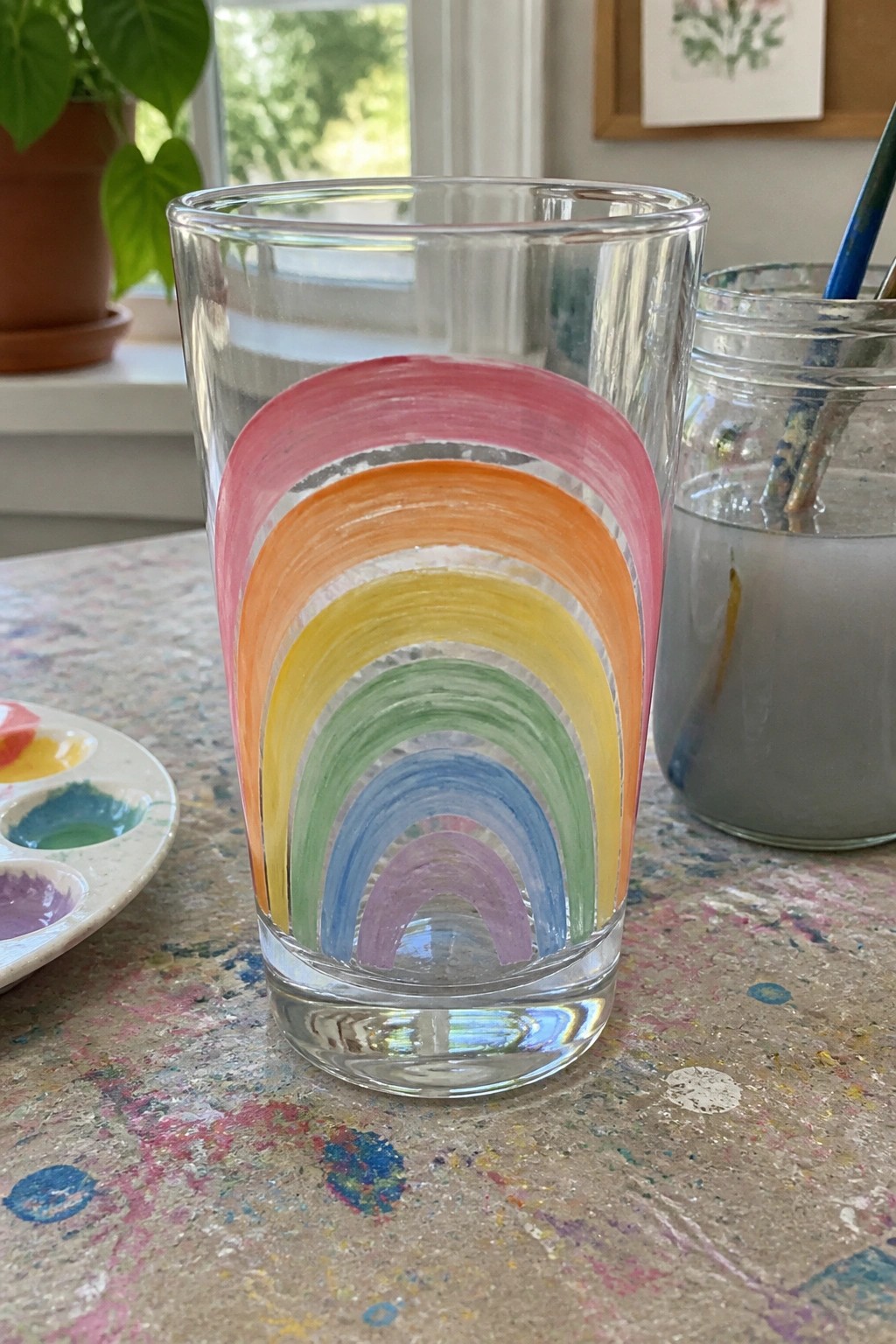Clear glass cup with arched rainbow in pink, orange, yellow, green, blue, purple