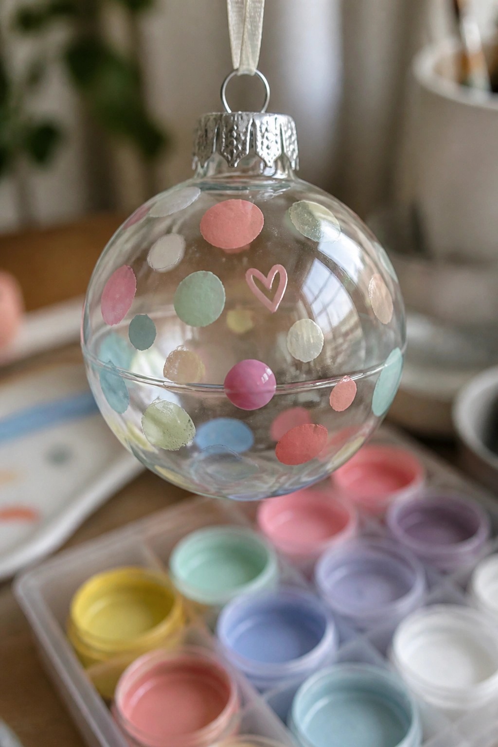 Glass ornament with pastel dots and heart above open paint palette
