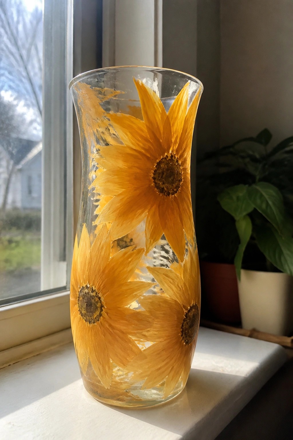 Clear glass vase with pressed yellow sunflowers on a sunny windowsill