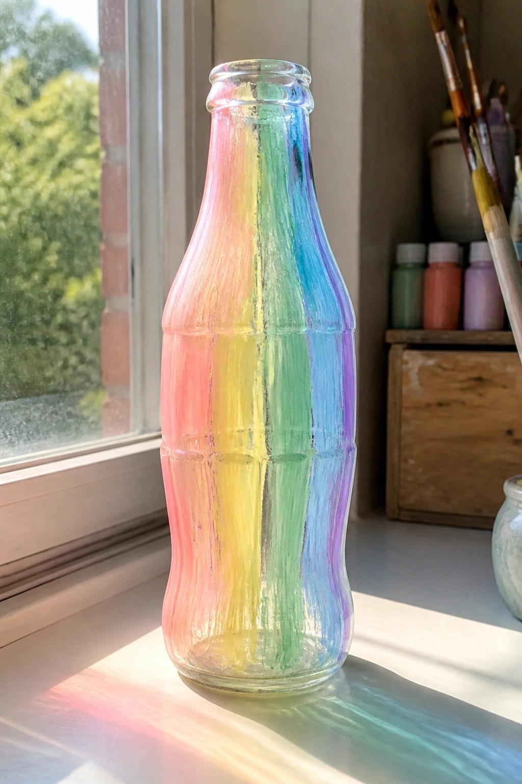 Rainbow-painted Coca-Cola bottle on sunlit windowsill with art supplies nearby.