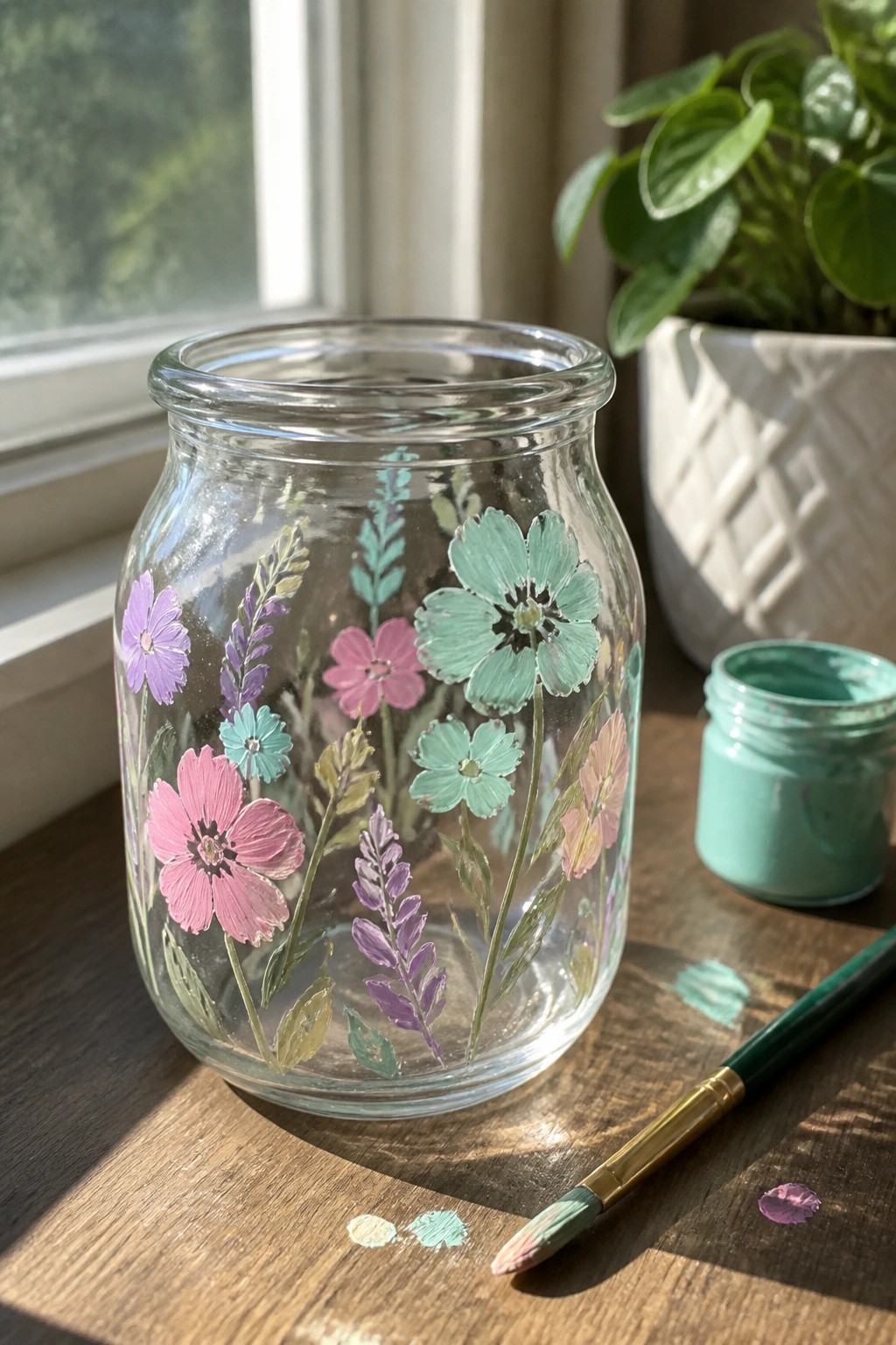 Glass jar hand-painted with pink, purple, and teal flowers beside paint supplies