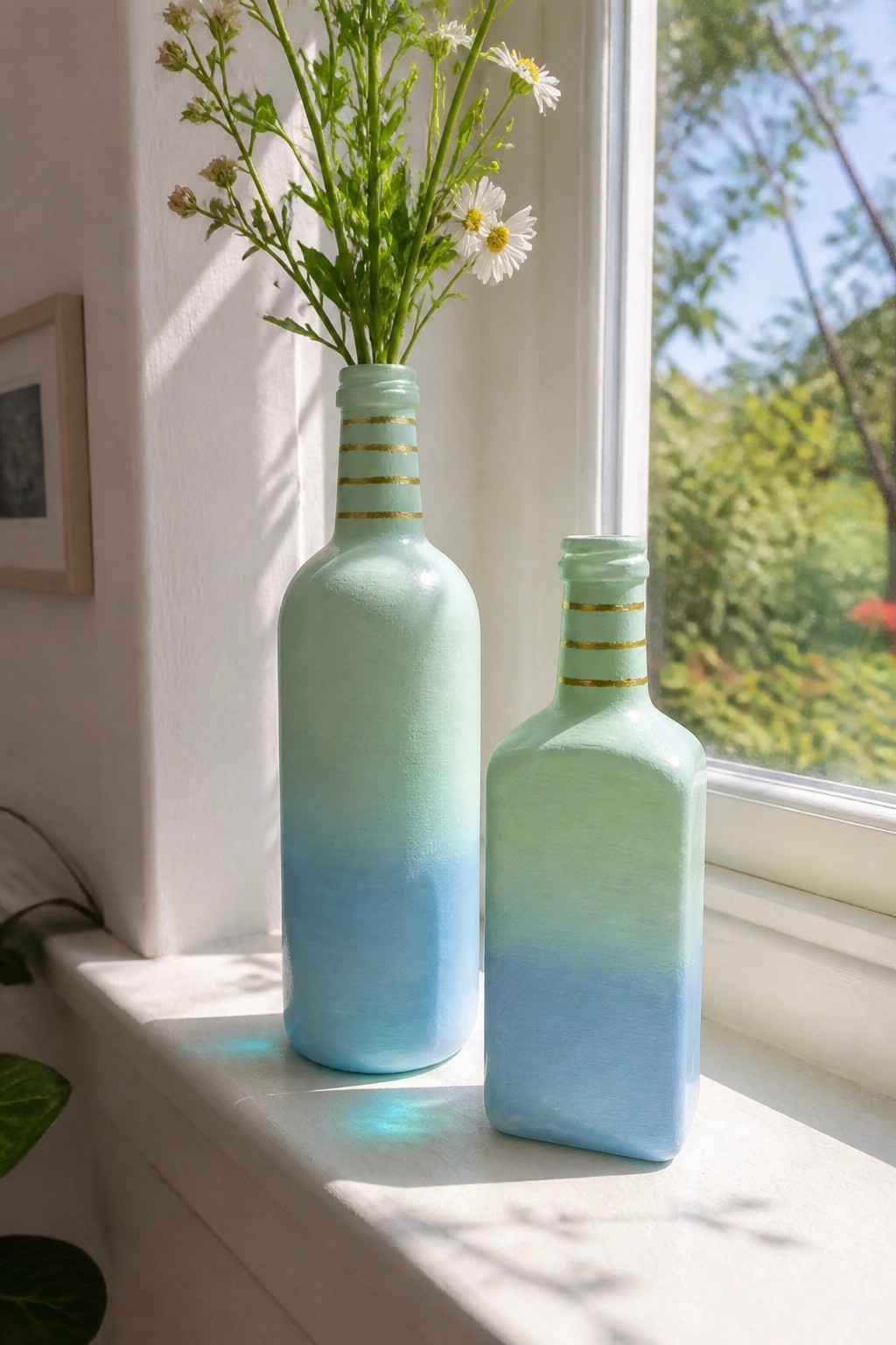 Two gradient-painted bottles with gold stripes on a sunny windowsill, one with flowers.