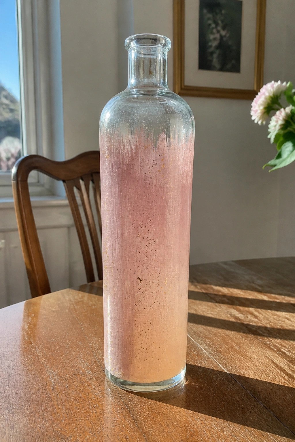 Tall clear glass bottle with pink-orange residue and gold specks on wooden table