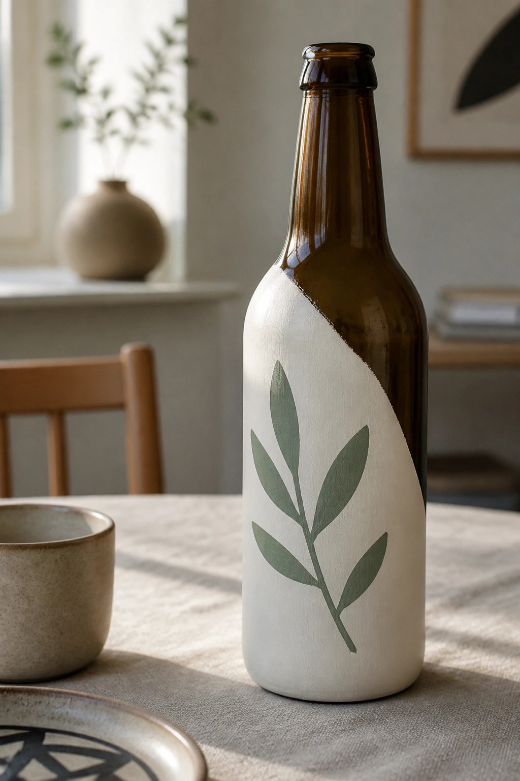 Brown bottle painted white with green leaf design on linen table