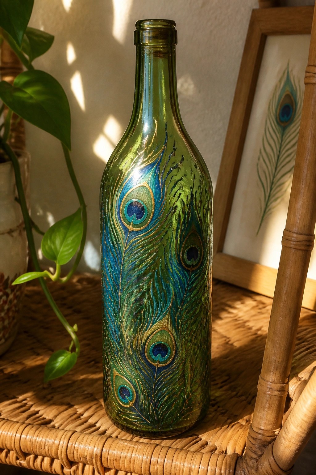 Green glass bottle with blue-gold peacock feathers on sunlit wicker surface