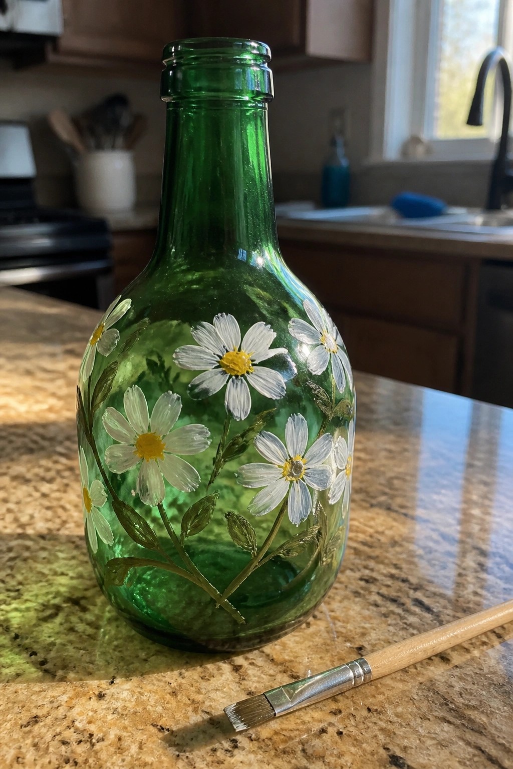 Green glass bottle with white daisies painted on kitchen countertop beside paintbrush