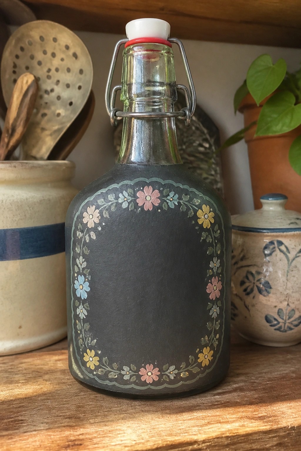 Dark glass bottle with colorful floral border and swing-top porcelain stopper