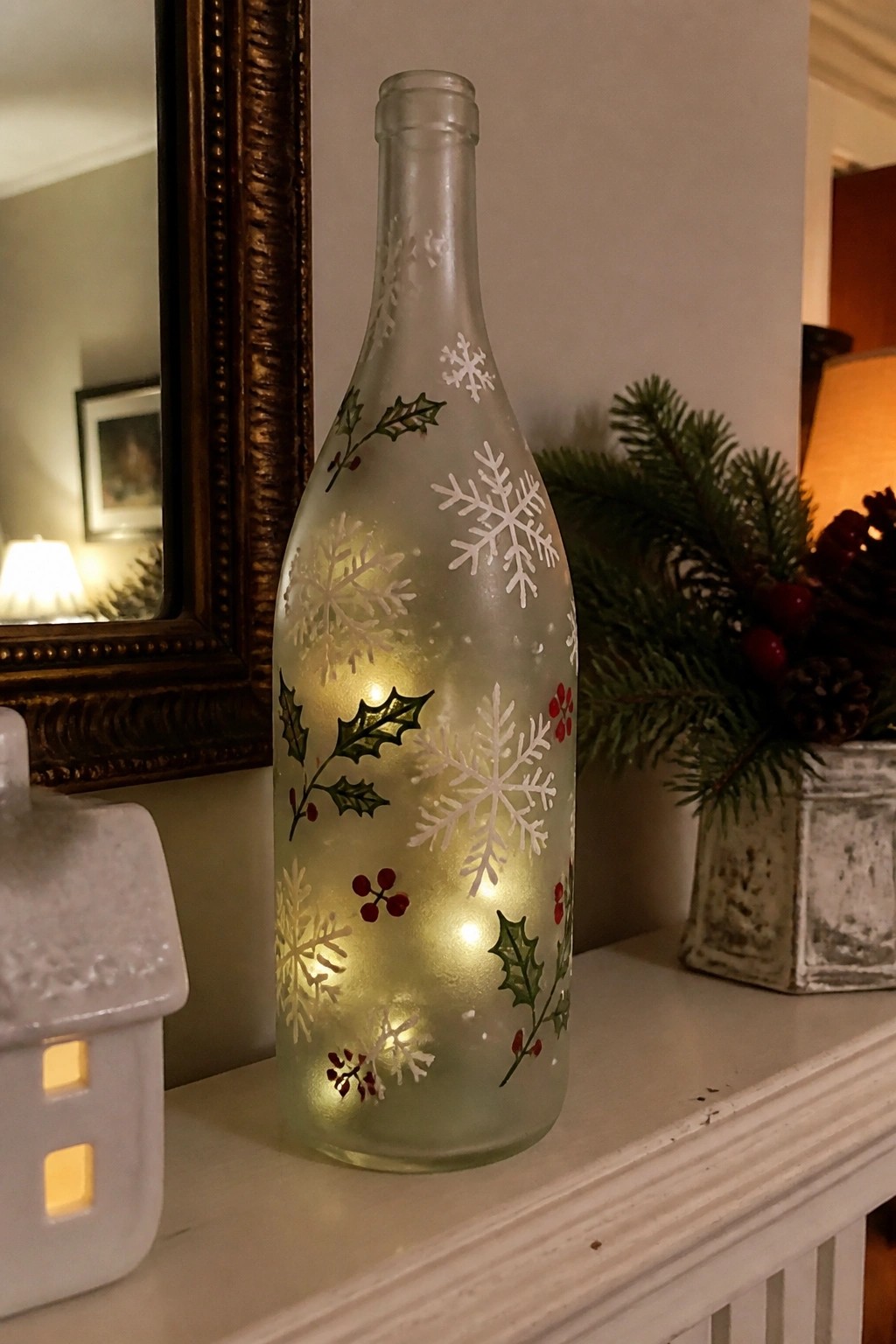Glowing frosted glass bottle with snowflakes and holly on white mantel