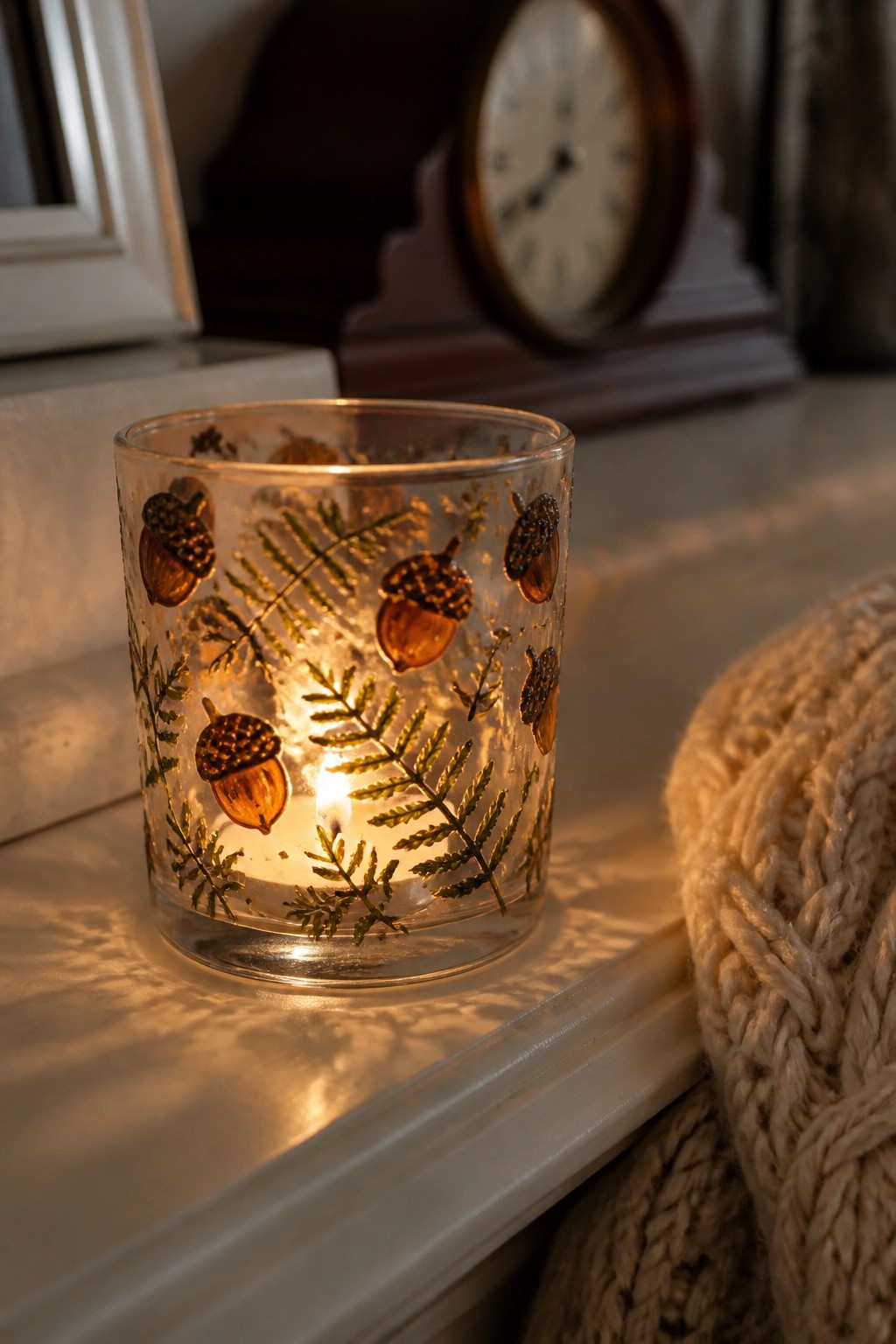 Lit candle in glass holder with golden acorns and ferns beside knitted fabric