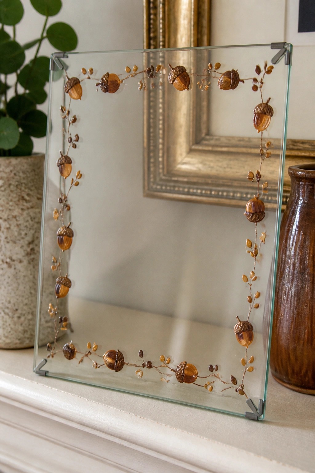 Glass frame with acorn and leaf border on white mantel beside vases