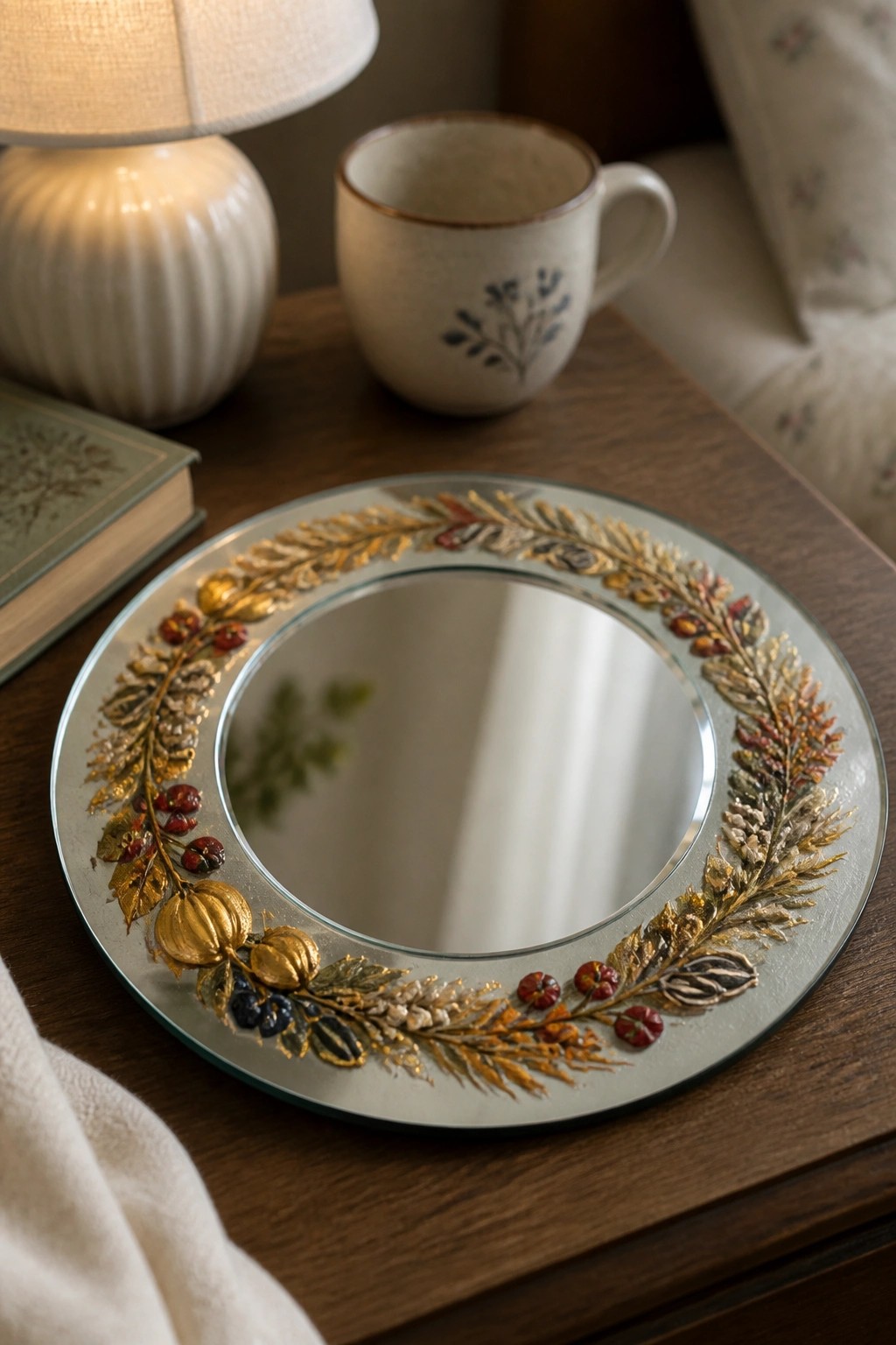 Ornate round mirror with autumn leaves, berries, and gold accents on wooden table