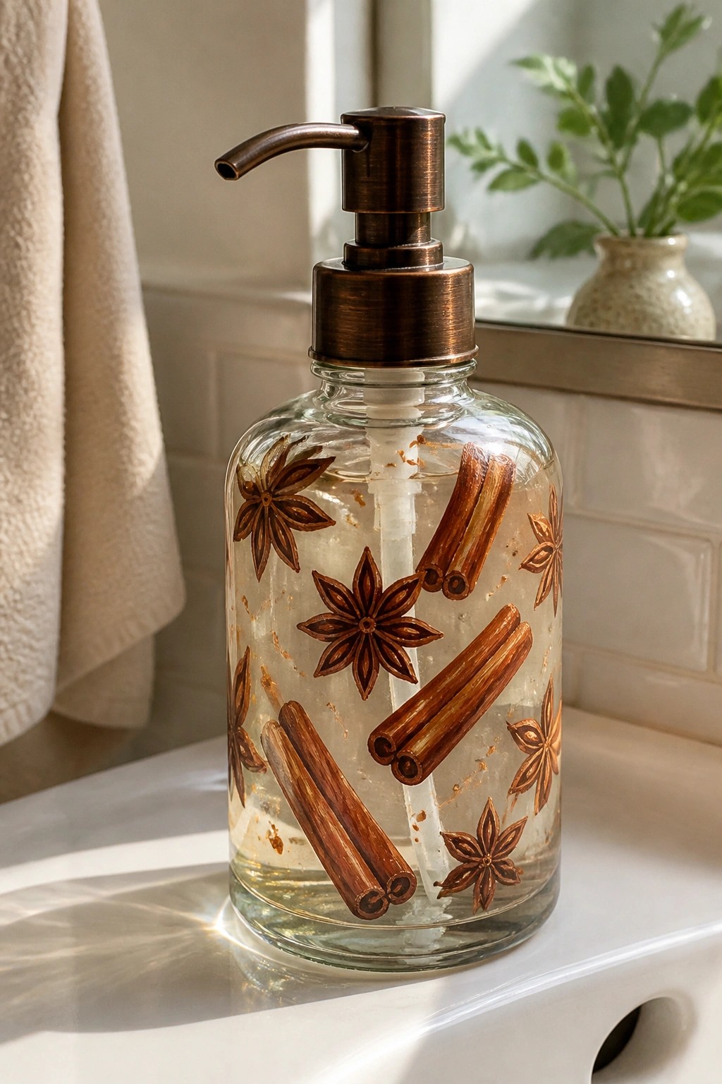 Glass soap dispenser with bronze pump and spices in clear liquid