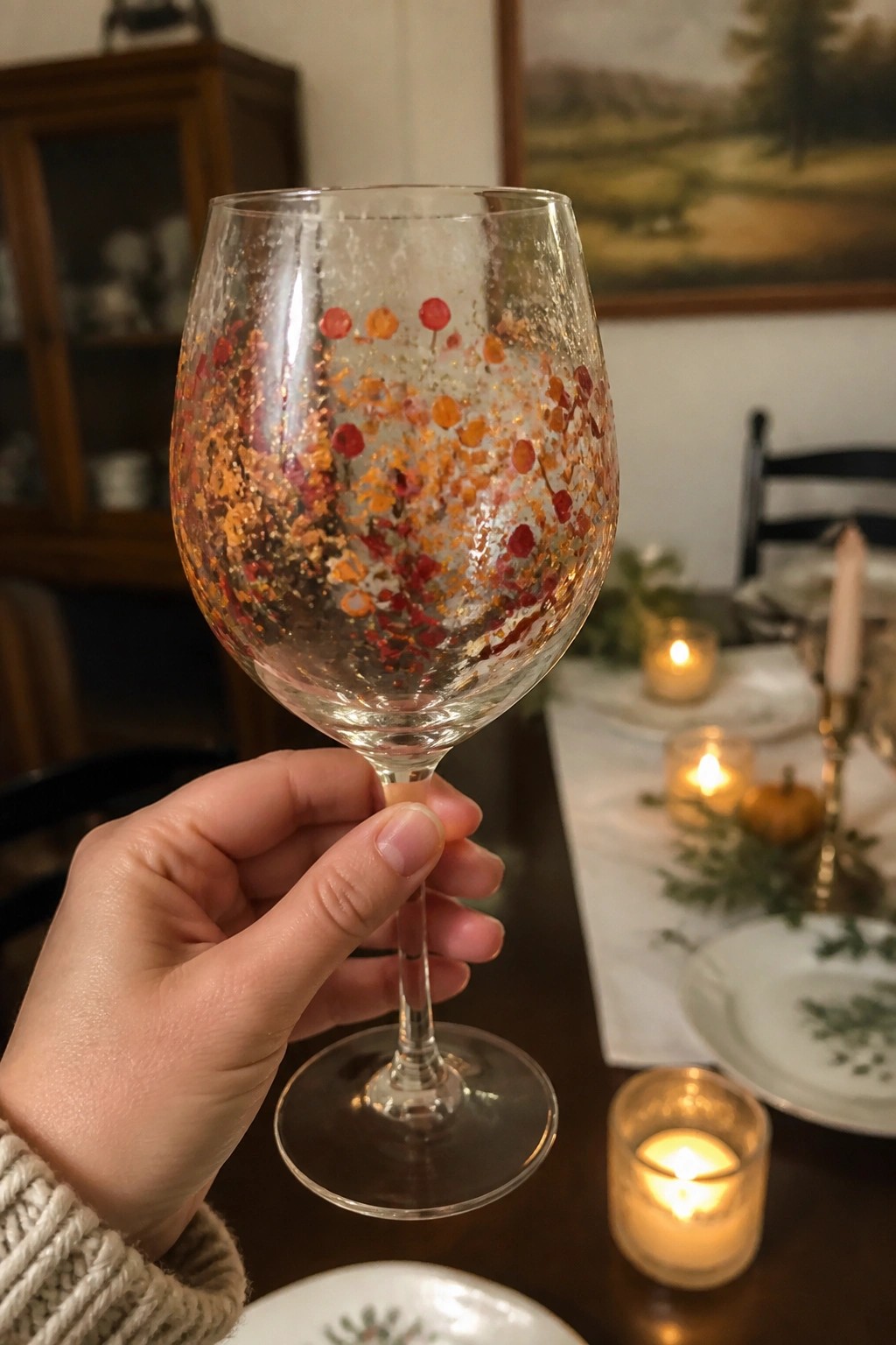 Hand in cream knit sweater holding stem of red-orange speckled wine glass over candlelit table