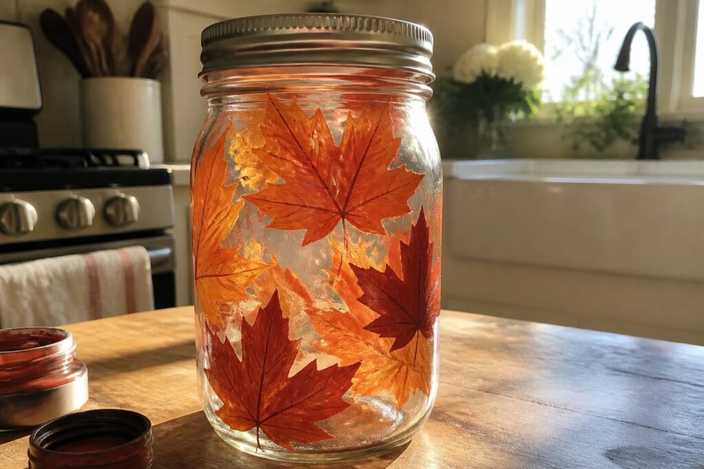22 Creative Fall Glass Painting Ideas for Cozy Autumn Decor Glass jar with orange maple leaves painted on it beside paint jar on counter