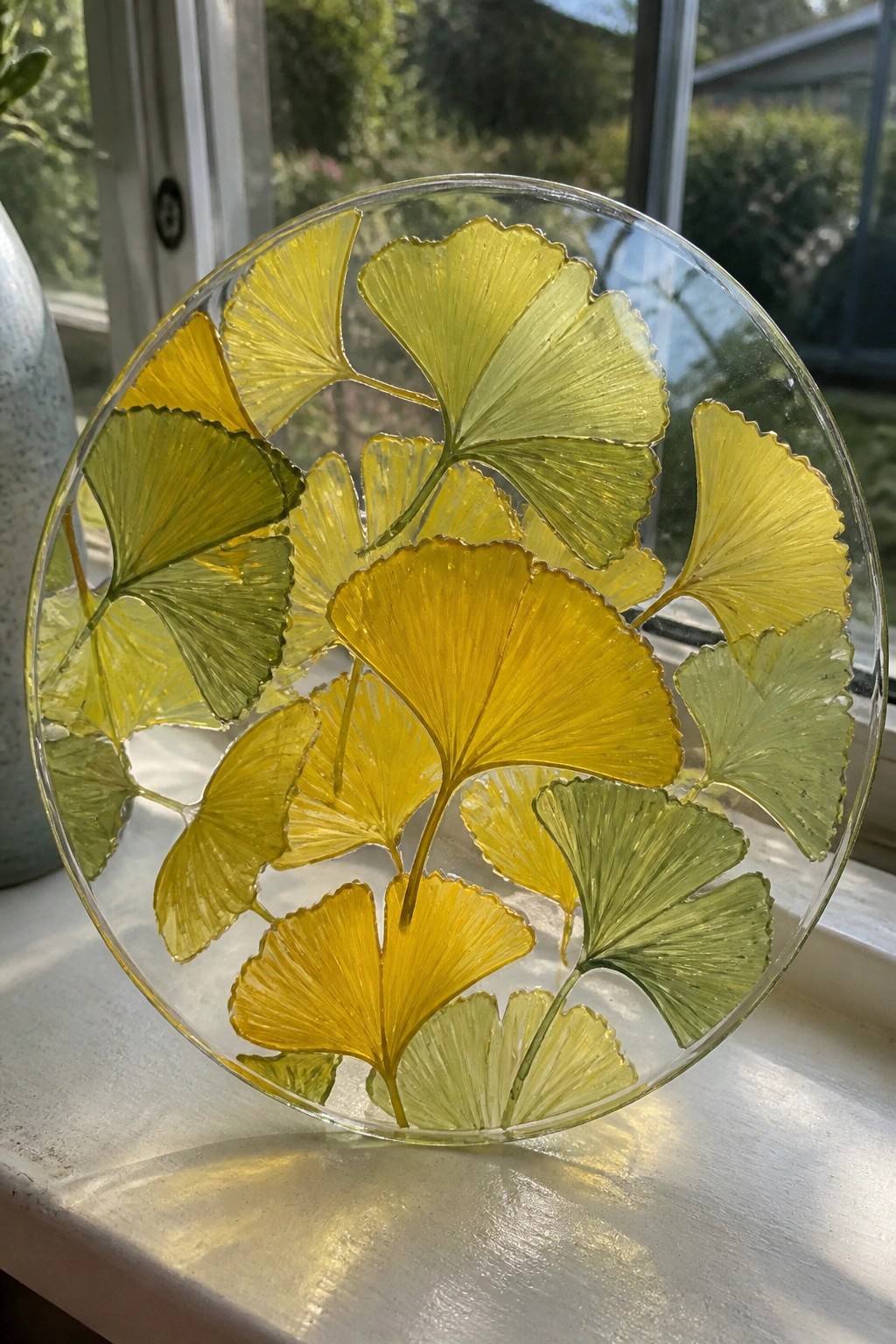 Circular glass plate with overlapping yellow and green ginkgo leaves on sunny windowsill