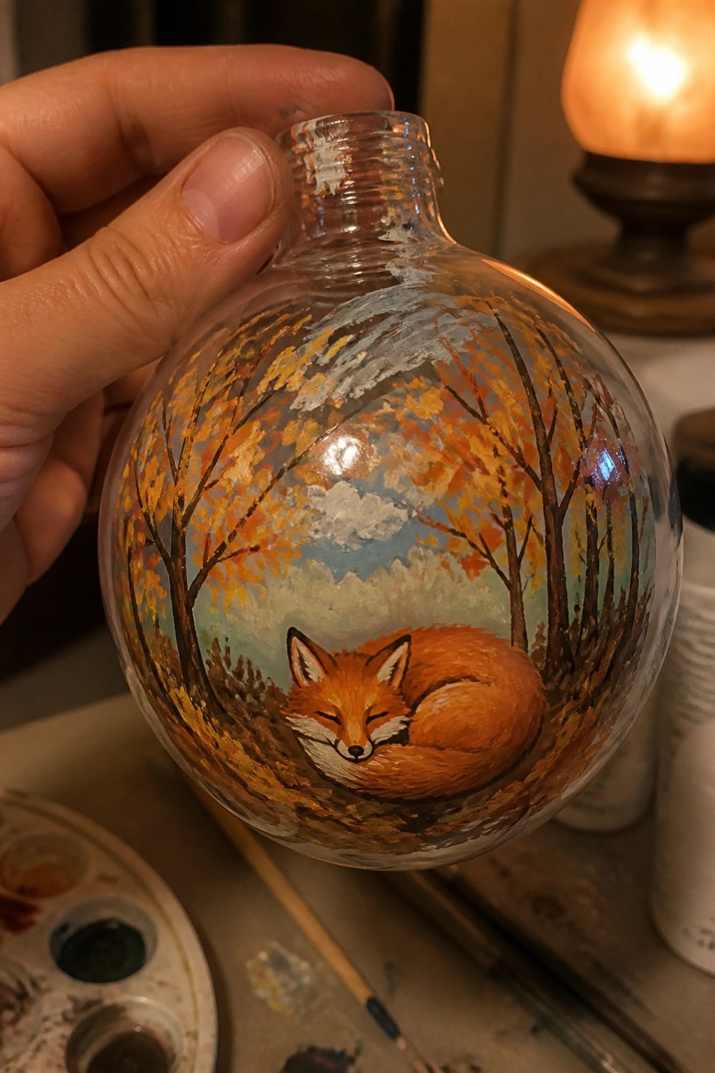 Hand holding clear glass ornament painted with sleeping fox amid autumn trees.