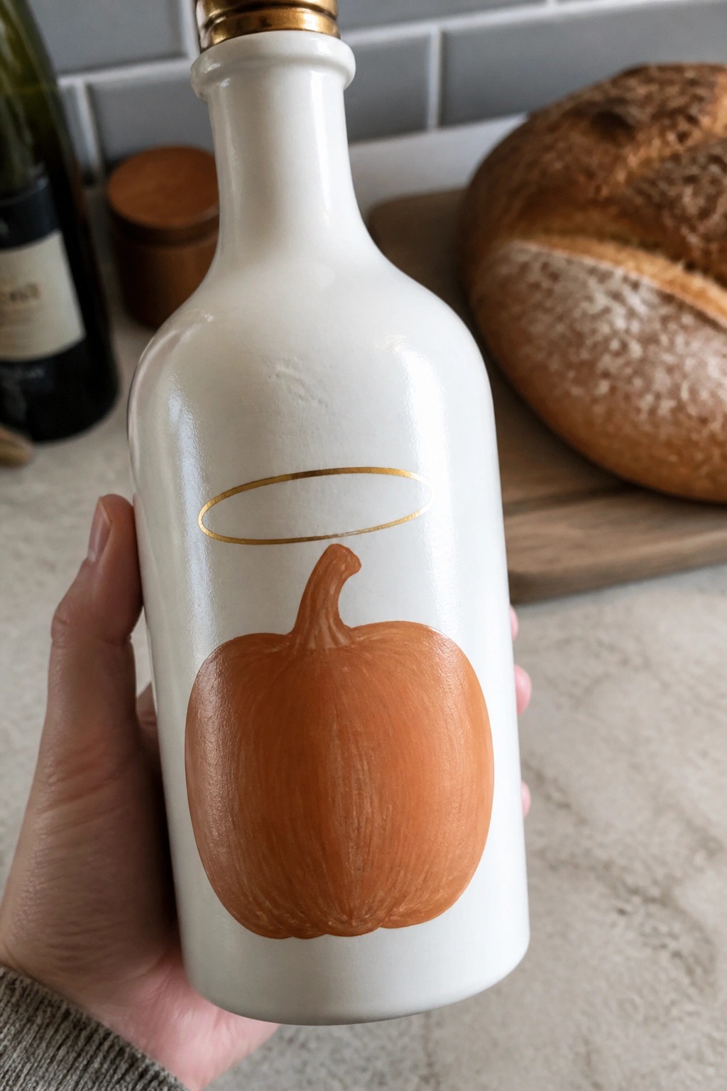 Hand holding white bottle with orange pumpkin and gold halo design