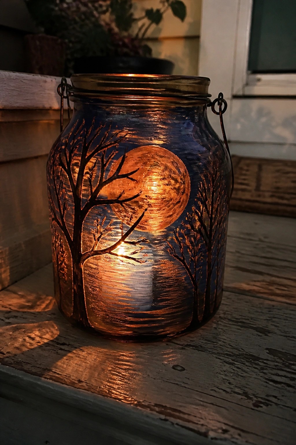 Glowing glass jar lantern with painted trees and moon on wooden steps